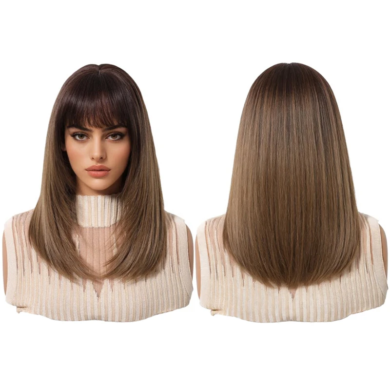 

35cm Ombre Brown Wig with Bangs Natural Straight Shoulder Length Wig Dark Roots Heat Resistant Synthetic Wig For Women Daily Use
