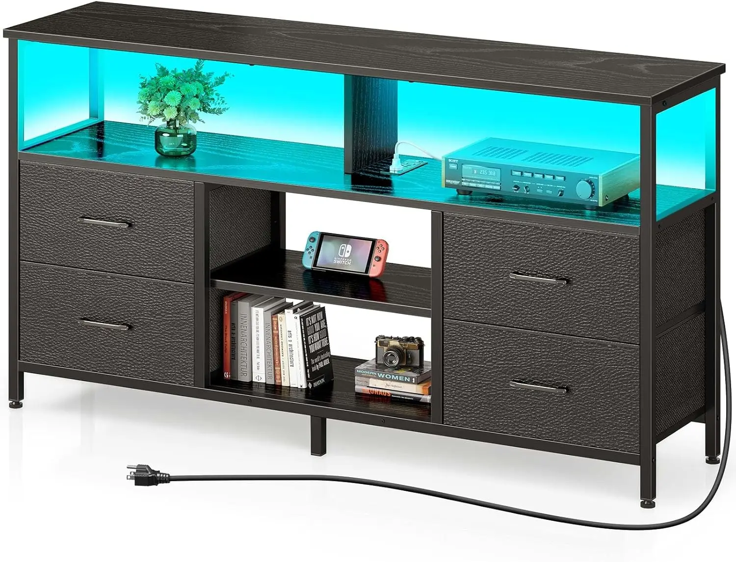 

NEW TV Stand with Power Outlets and LED Light, 4 Fabric Drawers Entertainment Center for 32/45/55/65 inch TVs,Black