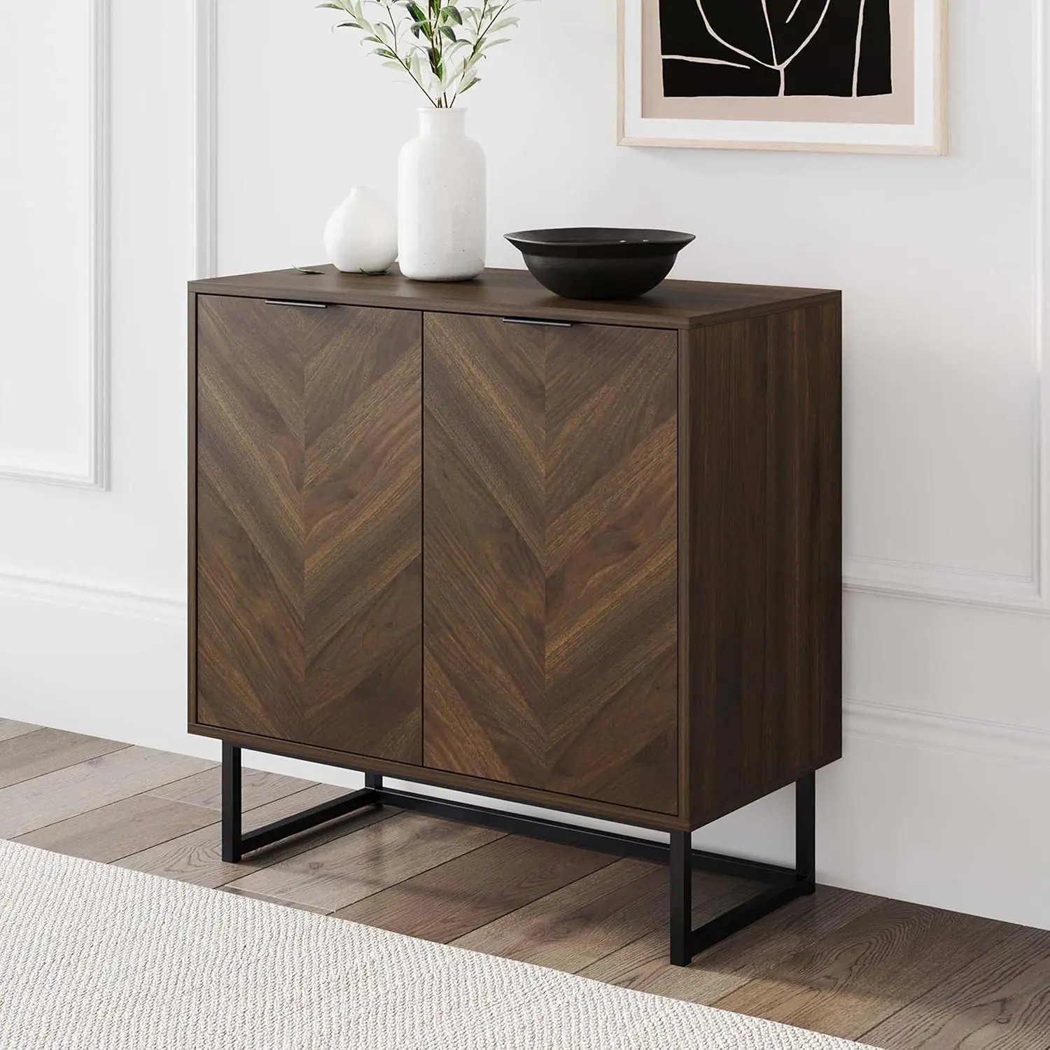 

Modern Sideboard Buffet and Storage Accent Cabinet with Doors and Metal Base for Hallway, Entryway, Kitchen