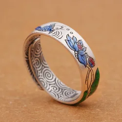 Creative Design silver 925 Cloisonne Colored Lotus flower rings for women pastoral style Vintage Ring Banquet Fashion Jewelry