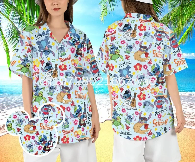 2024 New Disney Stitch Vacation Hawaiian Shirt Men And Women Button Up Hawaiian Shirt Fashion Beach Short Sleeve Shirt