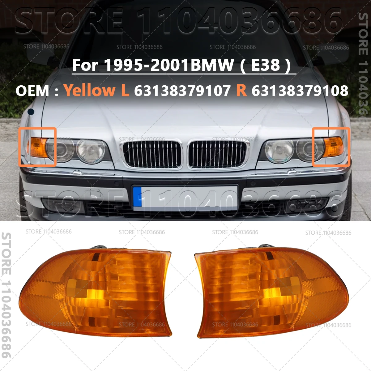63138379107/108 Front Corner Turn Signal Light Lamp For BMW 7 Series E38 1995‑2001 Parking Side Marker Lamp Without Bulb