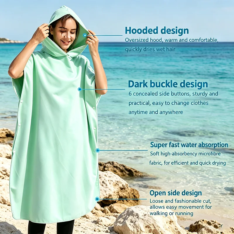 Microfiber Hooded Towel Poncho Quick Dry Absorbent Sand Free Soft Lightweight Beach Surf Swim Pool Travel Outdoor Durable - view 3