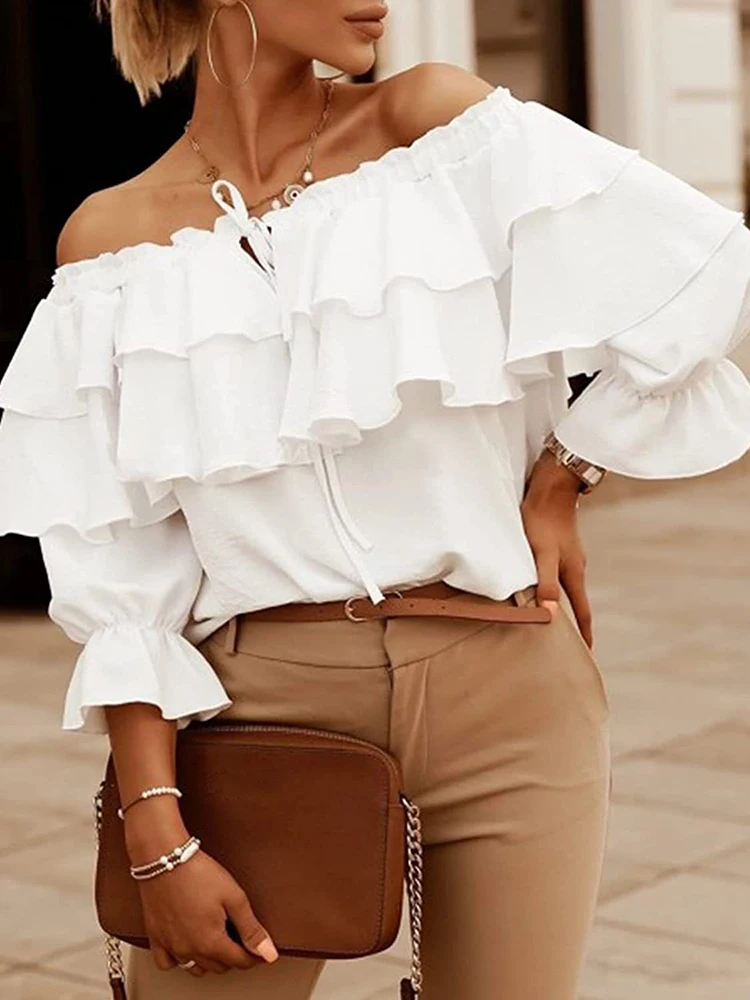 

Summer Femme Basic Backless Slim Blouse Women Solid Streetwear Ruffles Tops Patchwork Flare Sleeve Green Off Shoulder Pullovers