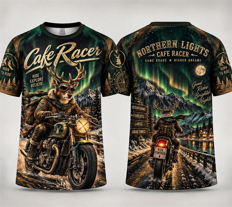 Christmas Reindeer Cafe Racer T Shirt Men Motorcycle Biker Graphic Short Sleeve Xmas Holiday Vintage Streetwear Casual Gift Top
