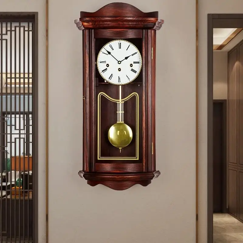 Solid wood pendulum wall clock European living room big red rosewood high-end timekeeping clock
