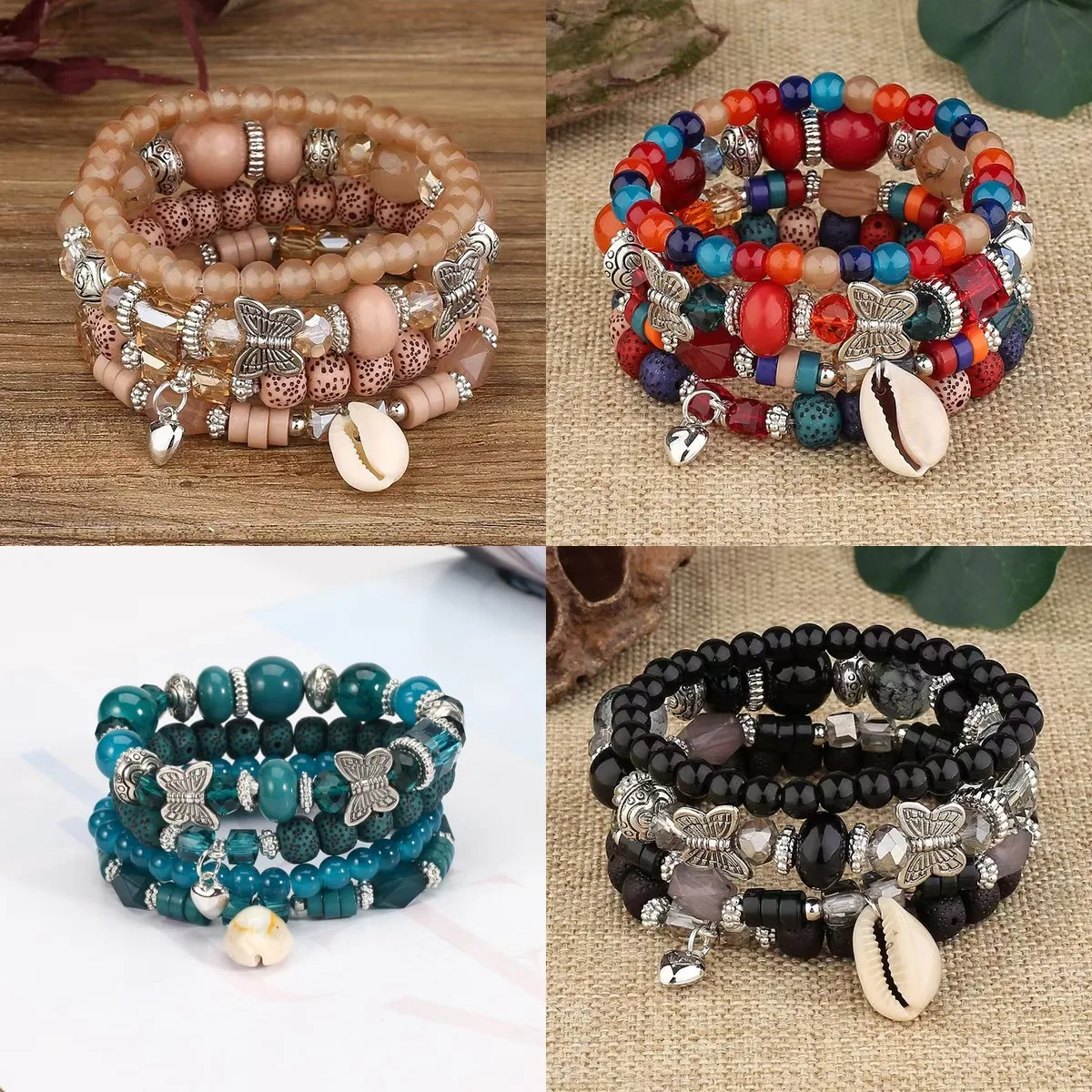 Creative Vintage Shell Pendant Multi-Layer Bracelet Set for Women – Beach Vacation, Boho Elastic Wristband, 4-Piece