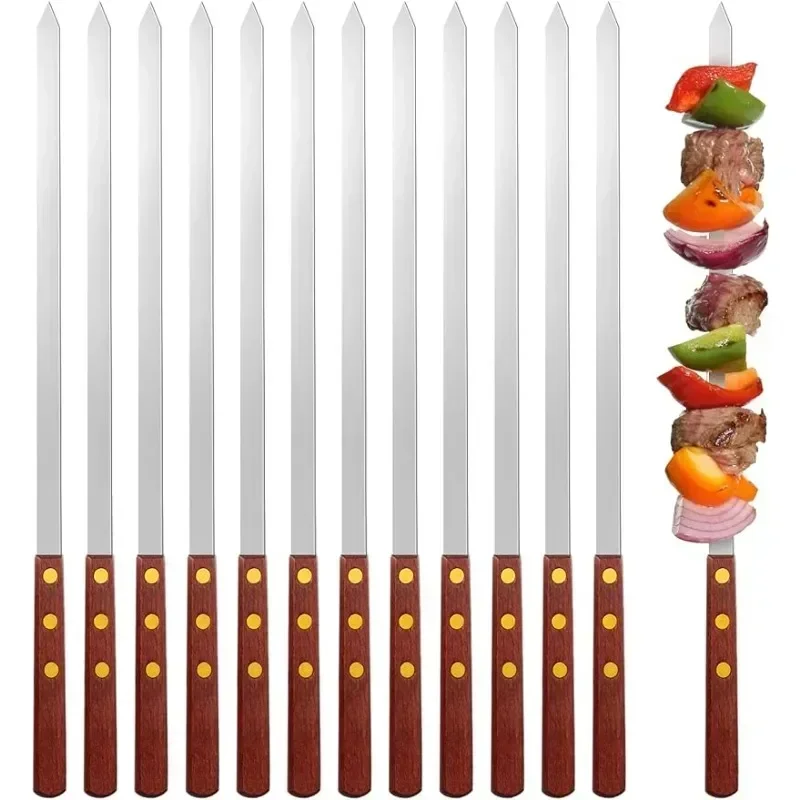 12 Pieces Skewers for Kabobs Grilling Barbecue Long Skewers Stainless Steel Reusable BBQ Skewers with Wood Handle 40/50/60cm