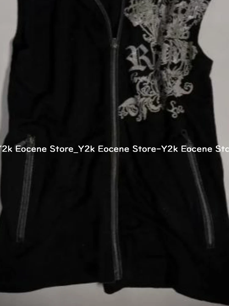 Dark Style Vintage Zipper Cardigan Tops Women Red Black Striped Hoodie Sleeveless Y2k Vest Aesthetic 90s Grunge Casual Clothing