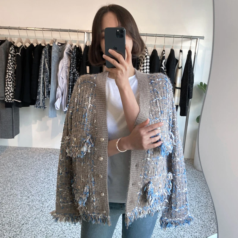 

Chic Autumn Winter V-ne Fringed Knit Open Cardigan Loose Long Sve Sweater Coat Korean Sle Regular Thin ort Leng...