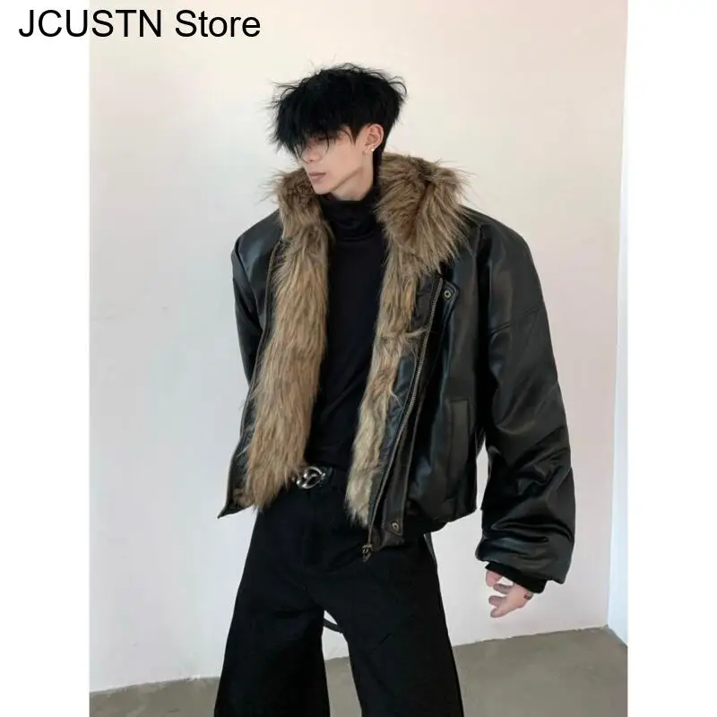 Men Faux Fur Jacket Coat Pu Leather 2025 Winter Thick Warm Outerwear Spliced Hooded Zipper Pockets Vintage High Street Overcoat
