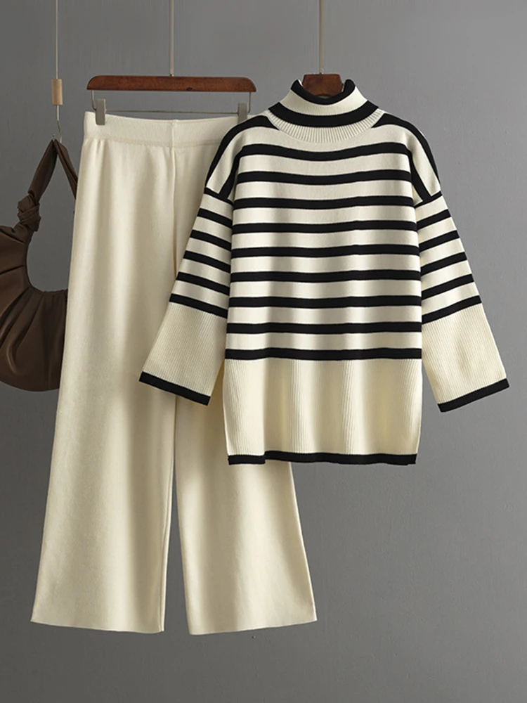 [EAM] Big Size Striped Sweater Wide Leg Pants Two Piece Suit New Turtleneck Long Sleeve Women Fashion Spring Autumn 2024 1DH8170