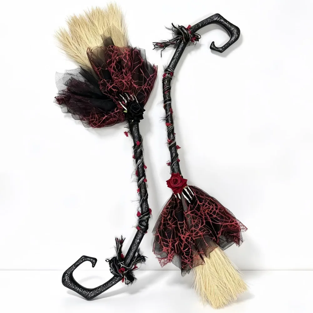Gothic Witch Broom Cosplay Witches Decor Red Rose Magic Wand Halloween Carnival Dress Up Party Costume Props