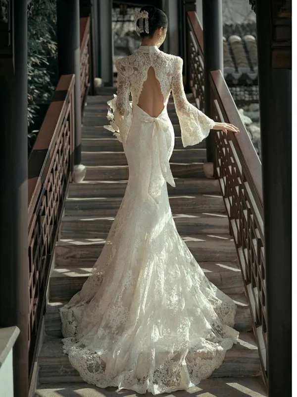 Simple Lace Wedding Dress Slimming Fish Tail Gown with Small Train Vintage Style Bridal Dress Welcome Guest Dress