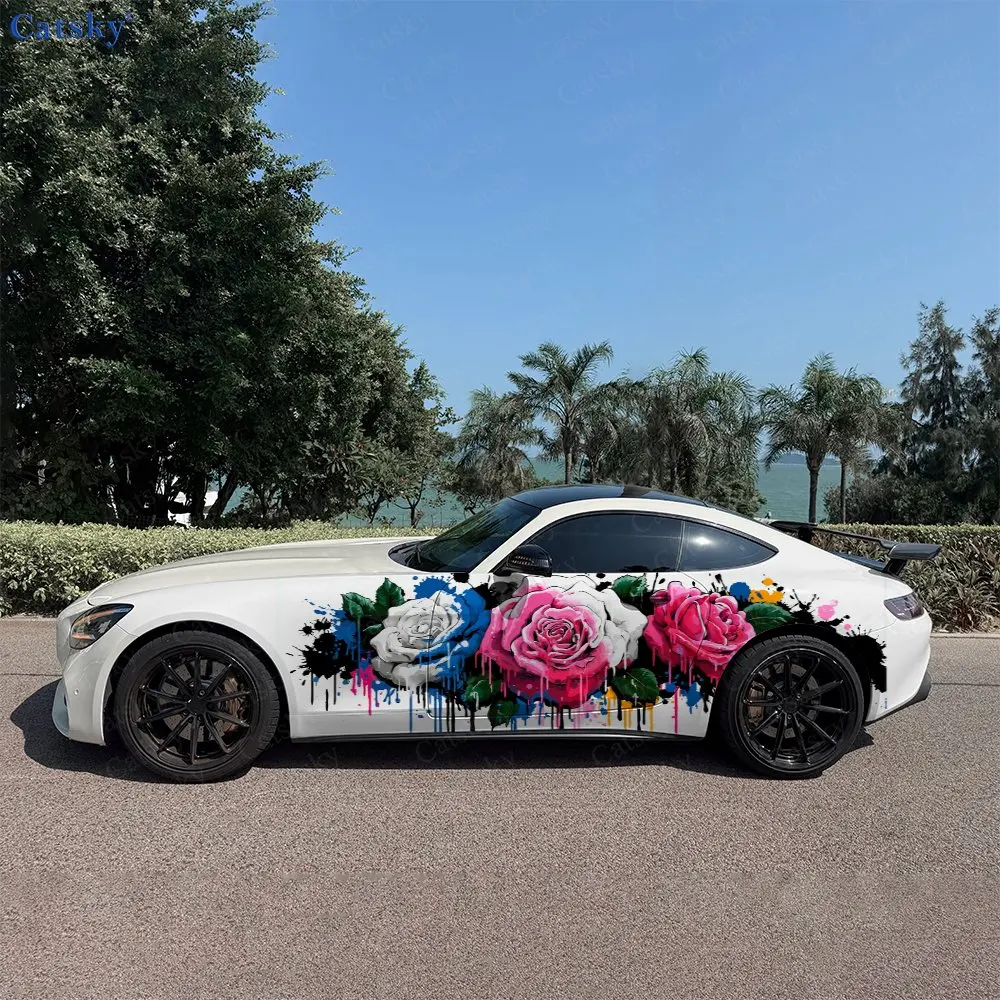 2pcs Trendy Paint Splatter Red Rose Car Side Wraps, Self-Adhesive PVC Waterproof & Scratch-Resistant Sticker, Car Accessory Gift