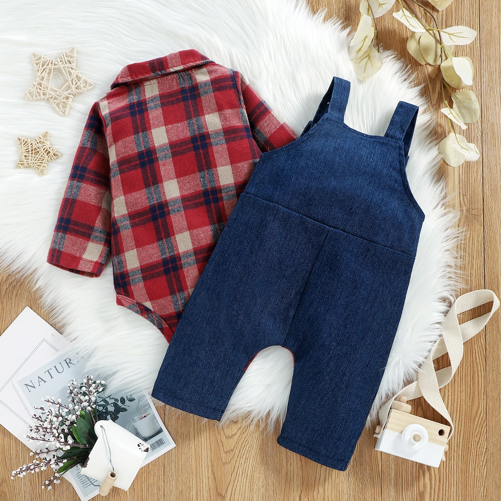 PatPat Christmas 2pcs Baby Red Plaid Long-sleeve Shirt Romper and 100% Cotton Denim Overalls Set