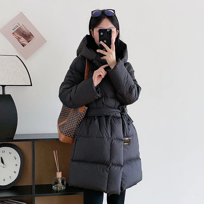 Winter Hooded Lace Up Mid Length Down Jacket Women White Duck Down Waterproof Parker Outwears Female Thicken Warm Pocket Jackets