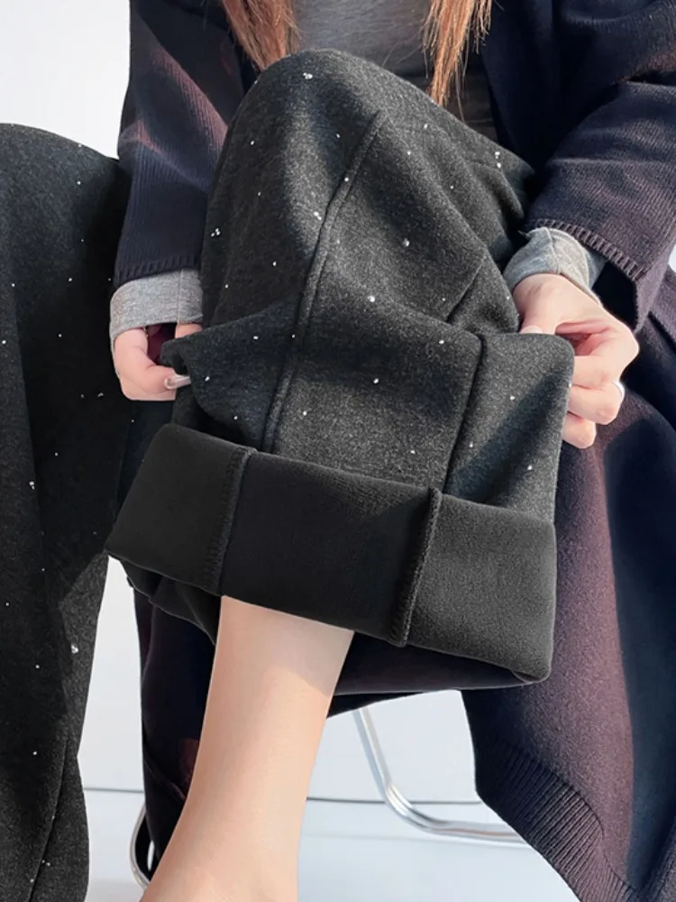 Chaud Fce doublé lourd Du paillettes Patchwork jambe large couteau pantalons décontractés pour les femmes taille haute minceur drapé trajet S...