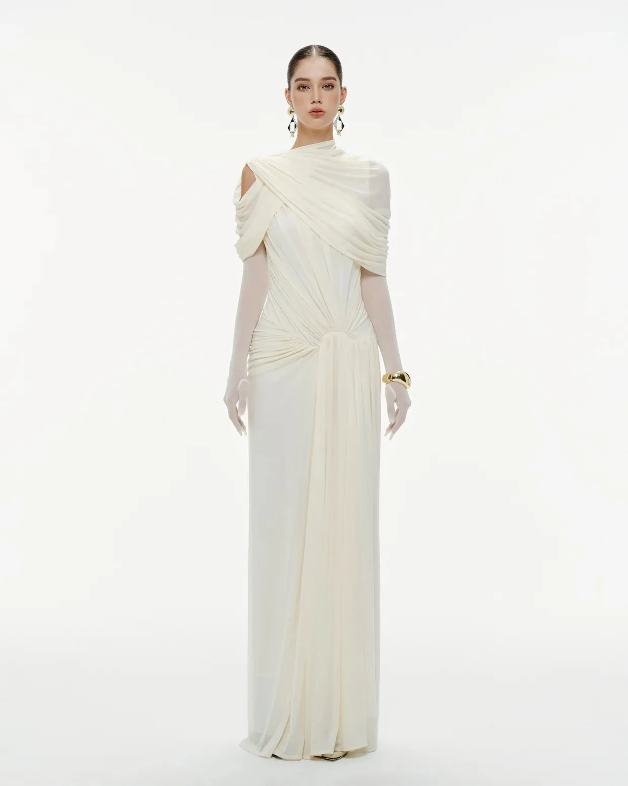 

2026 Women Summer Celebrity Sexy Short Sleeve Ruched Mesh Beige Maxi Long Banadage Dress Elegant Evening Party Club Vestido