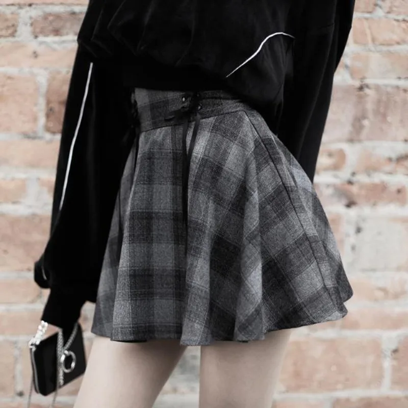 Women Dark-gray Plaid Skirts High Waist Lace-up Punk Mini Skirt Girls Retro Autumn Winter Streetwear Faldas All-match College