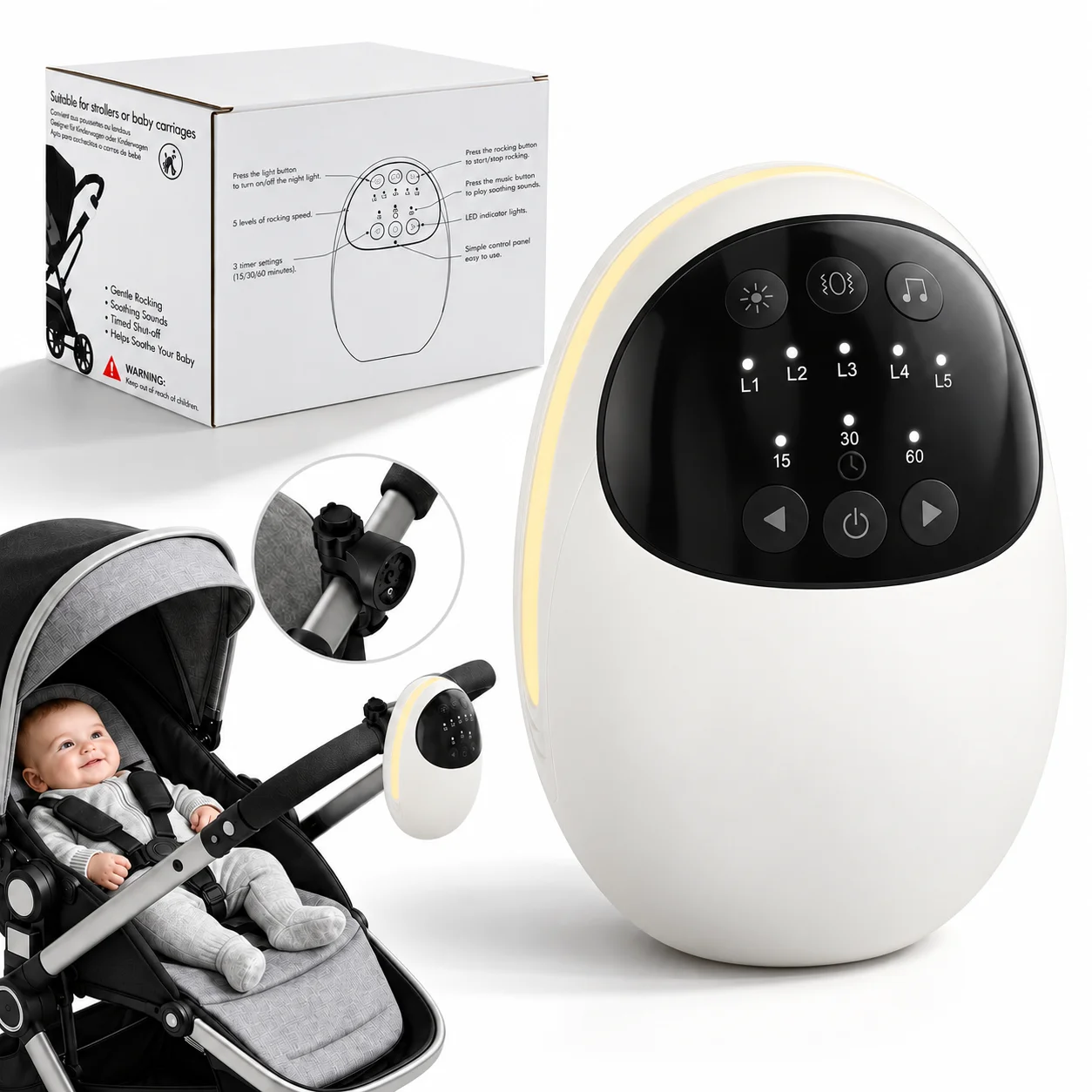 Automatic Baby Stroller Rocker With 1800mAh Battery Type-C Charging And Adjustable Vibration  5 Speeds 11 White Noise Sounds