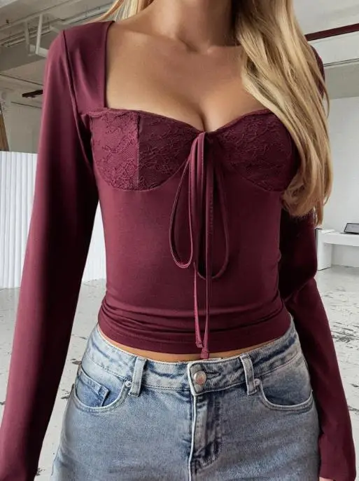 Herfst 2025, Y2K Hot Girl Lace Splicing T-shirt met lange mouwen, dames sexy laag uitgesneden V-hals, rechttrekken taille, strak T-shirt top