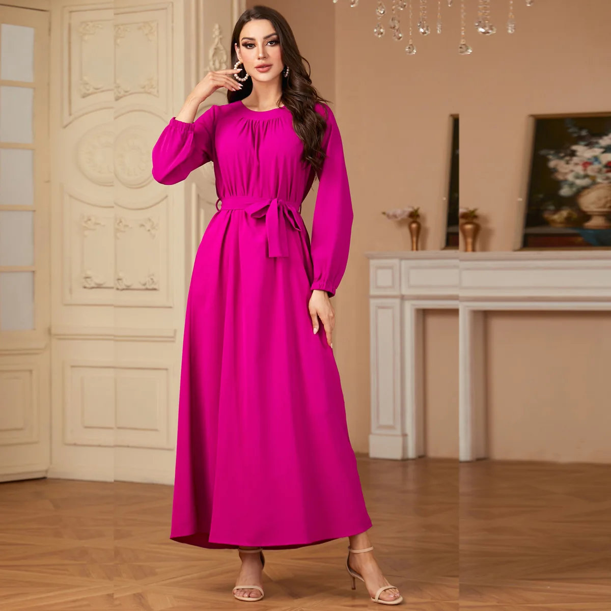 

2024 Autumn New Elegant Fashion Women Long Sleeve Maxi Dress Belted Gown Dubai Abaya Turkey Kaftan Muslim Islam Jalabiya Caftan