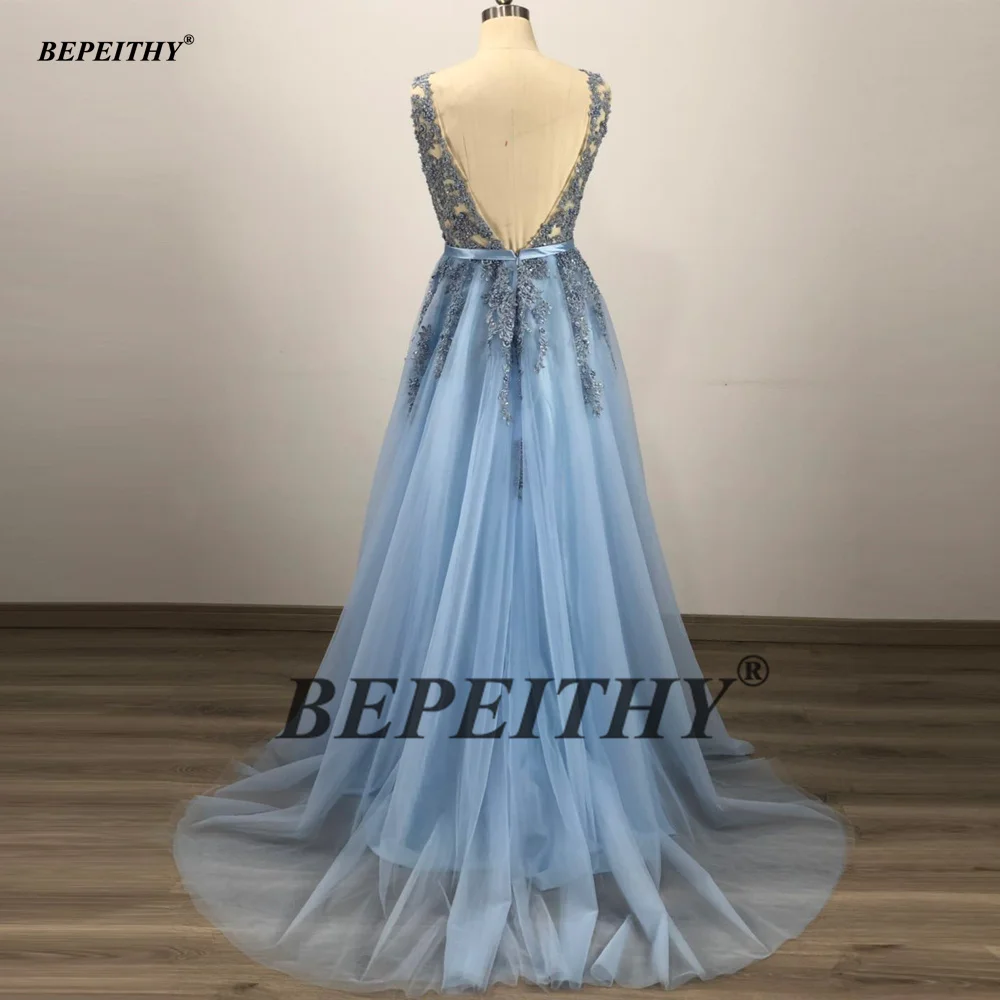 BEPEITHY Customized Deep V Neck Luxury Blue Long Evening Dress With Belt Vestido De Fiesta Sexy Backless Prom Dresses For Women