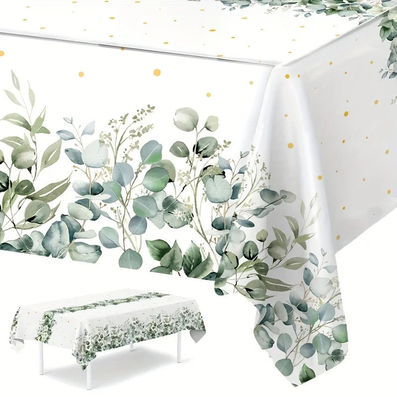 1pc, Green Eucalyptus Leaf Table Cover, 86.61*51.18inch, Single-Use Plastic Table Cover, Wedding Bridal Shower Celebration Decor