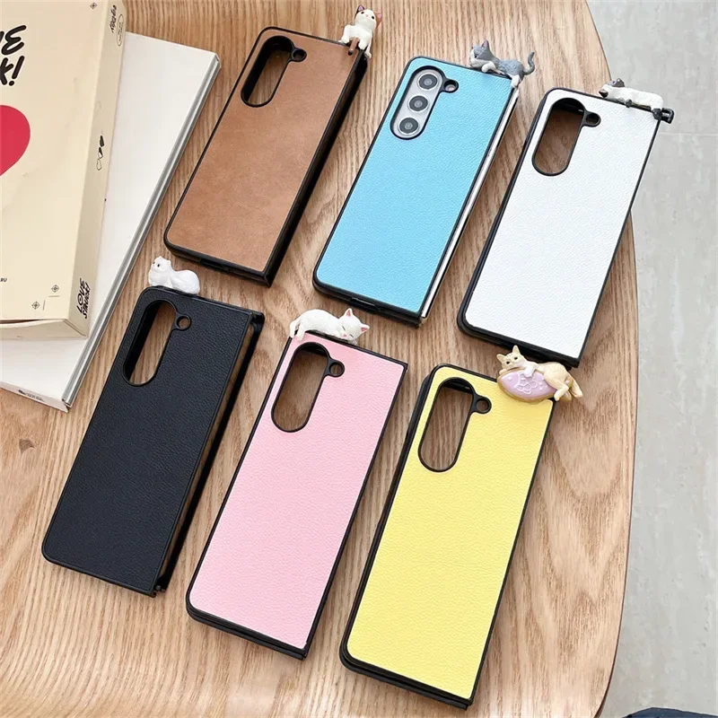 Liggende Kat PU Lederen Telefoon Case voor Samsung Galaxy Z Flip Z Fold 6 5 4 3 Beschermende Achterkant voor ZFold6 ZFlip6 Case
