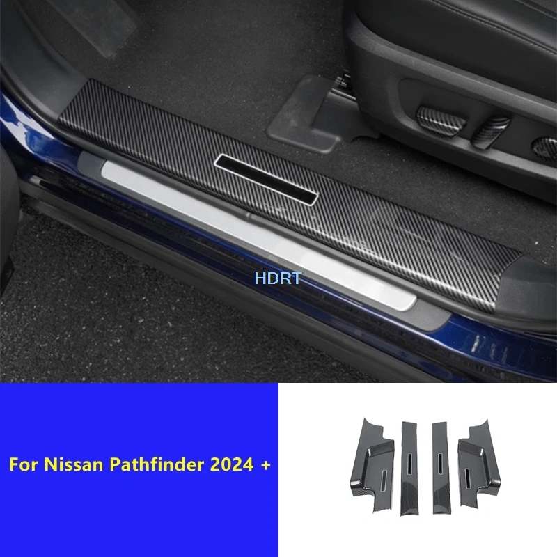 Car Door Sill Threshold Scuff Trim Welcome Pedal For Nissan Pathfinder 2024 + Rear Trunk Guard Cover Tail Boot Plate Accessories
