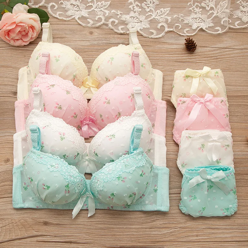 Girls Lace No Steel Rings Comfortable Girls Bra + Panties Set Adjustment Gathering Sexy Girls Student Underwear