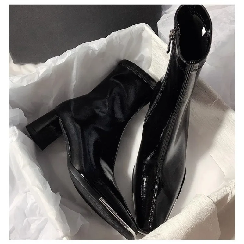 

Женские модные ботинки, размеры 35–40 ярдов, новые туфли с острым квадратным каблуком и боковой молнией, сезонная обувь, темпераментные сапоги до середины икры для поездок на работу