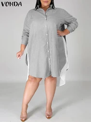 Plus Size VONDA Women Shirt Dress 2024 Casual Lapel Long Sleeve Asymmetrical Striped Sundress Patchwork Loose Party Robe 5XL