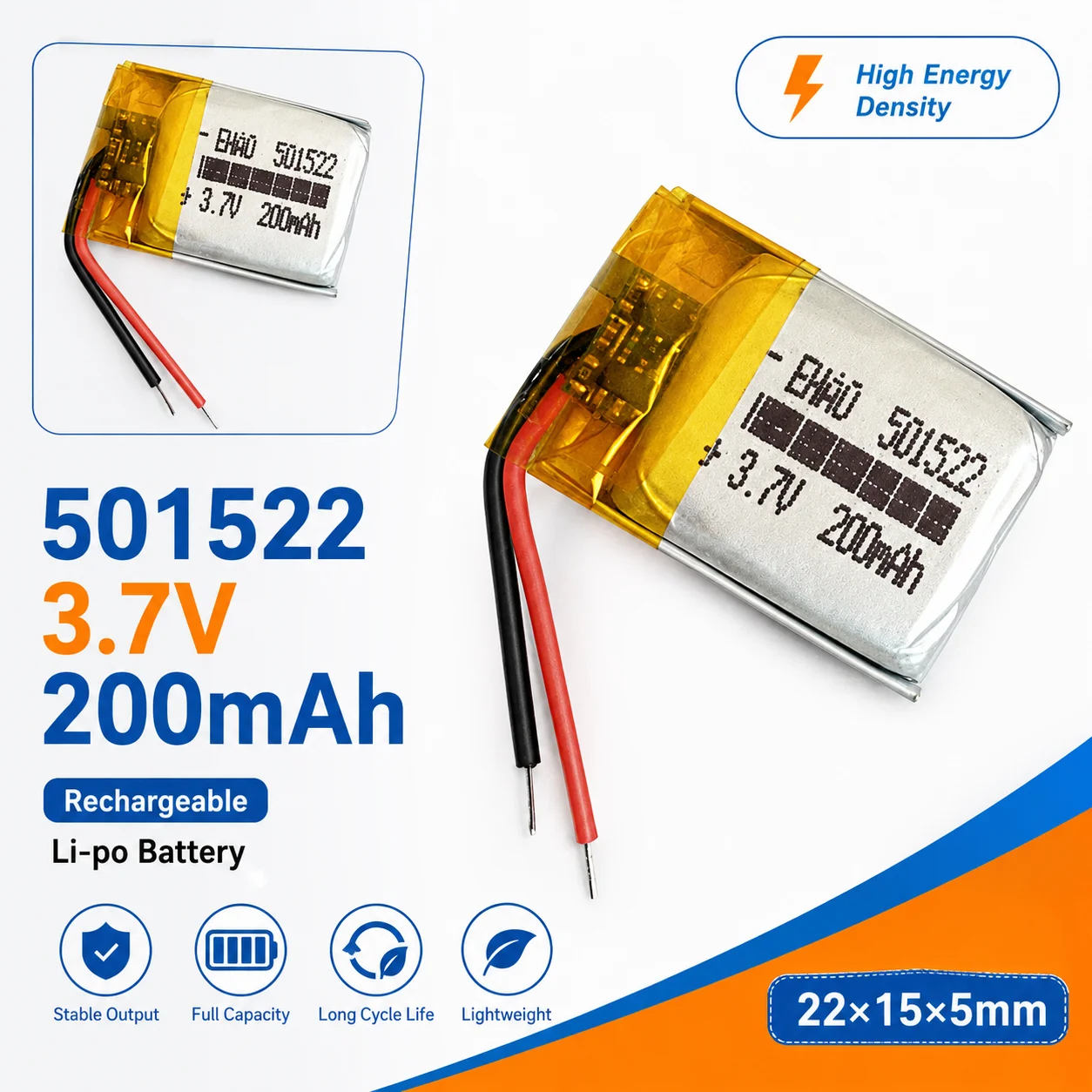 3.7V 200mAh 501522 LiPo Battery – Rechargeable Lithium Polymer for Headphones, MP3, Smart Bracelet, Watch, Pen