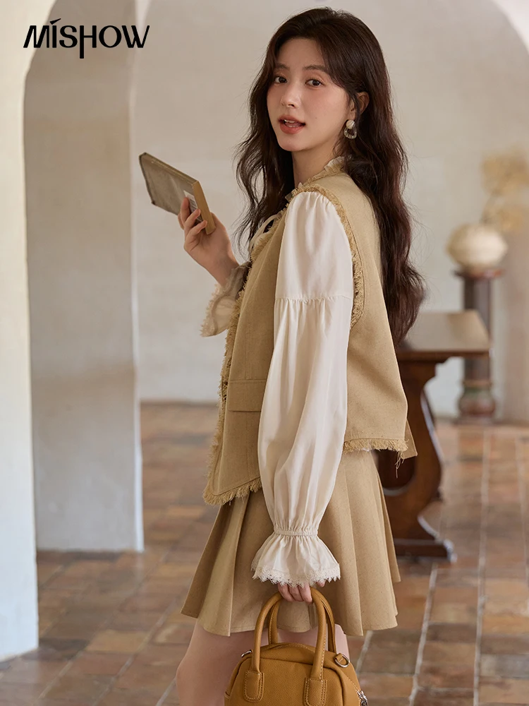 MISHOW kaki ourse rugueuse gilet manteau jupe plissée deux pièces ensemble 2025 automne femmes lin mélange rétro ensemble bureau dame MXE41T0690