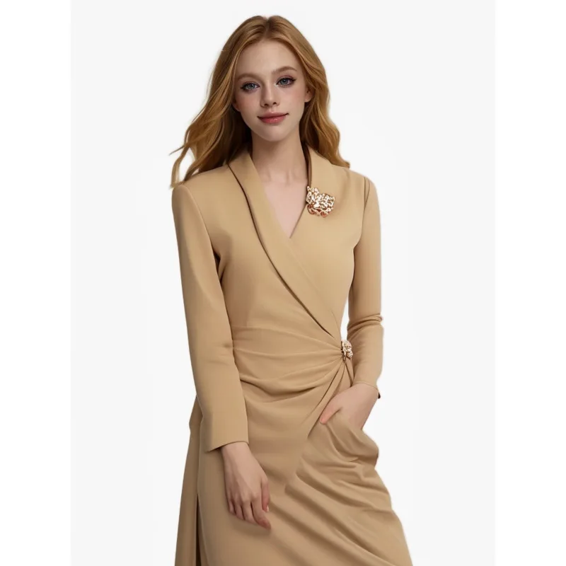 

[Vibe] Fashion Women's Solid Slimming Chic Dresses V Neck Long Sleeve High Waist Elegant Long Dress Female New Clothes