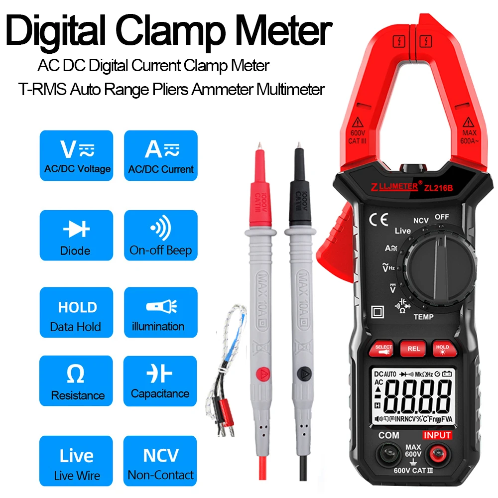 Cyfrowy miernik cęgowy AC DC Pinza Amperimetrica napięcie T-RMS Auto zakres Temp pojemność zacisk elektryczny Amperimetro multimetr