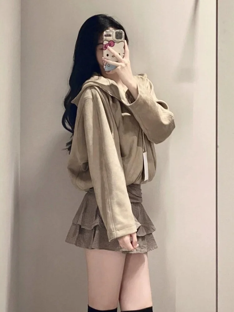 Loose Fleece Pilot Jacket Women's Casual Style Zipper Closure Long Sleeve Hooded Coat Warm Polyester Fabric Fall New Arrivals