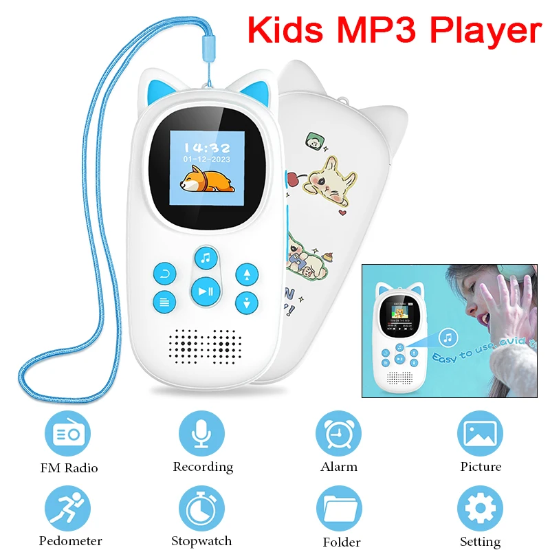 かわいい漫画風キッズbluetoothミュージックプレーヤー、hdスピーカー搭載、32gb、bluetooth-50、ポータブルmp3プレーヤー、fmラジオ、ボイスレコーダー付き