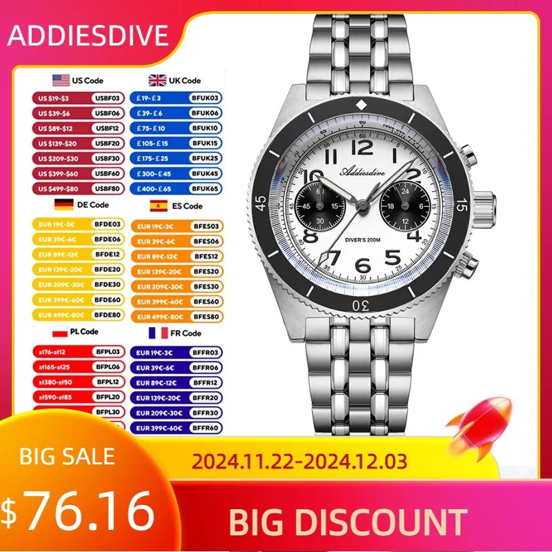 ADDIESDIVE Multifunctional Chronograph Quartz Watch Sapphire Crystal Panda Dial Luminous Watches Stainless Steel 200M Wristwatch