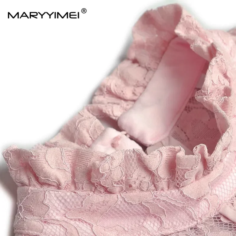 فستان نسائي موضة ربيع الخريف من MARYYIMEI بياقة مكشكشة وأكمام مضيئة فساتين دانتيل مخططة