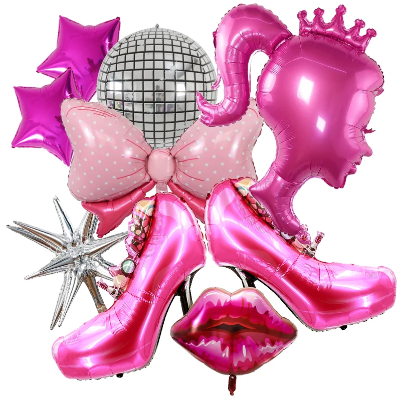 9-częściowe różowe balony dla dziewczynki Duże czerwone usta Wysokie obcasy Balon foliowy Makijaż tematyczny Ślub Baby Shower Dziewczyna Urodziny Impreza Dekoracje