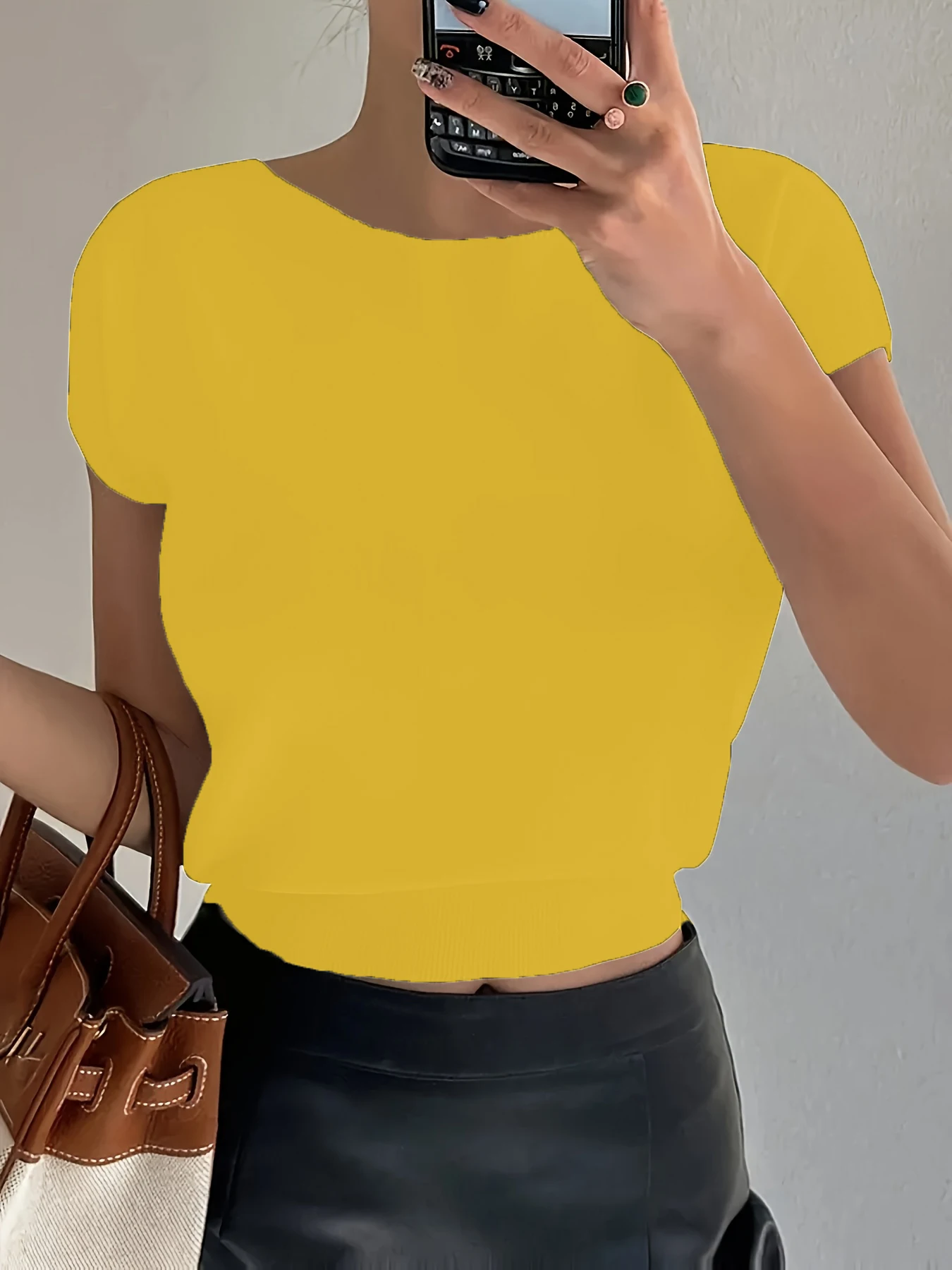 

Elegant Solid Color Women's Raglan Sleeve Short-Sleeved Knit Top Fitted Waist Thin Spring/Summer Style for Commuting