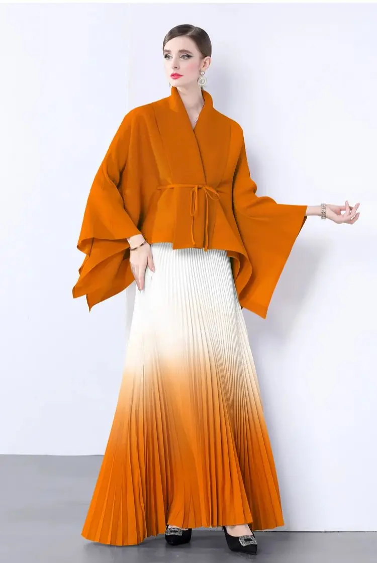 

Miyake Gradient Pleated Fashion 2 Pieces Set Women's Irregular Belt Bat Sleeve Top + A-Line Long Skirt Elegant Holiday Party Set