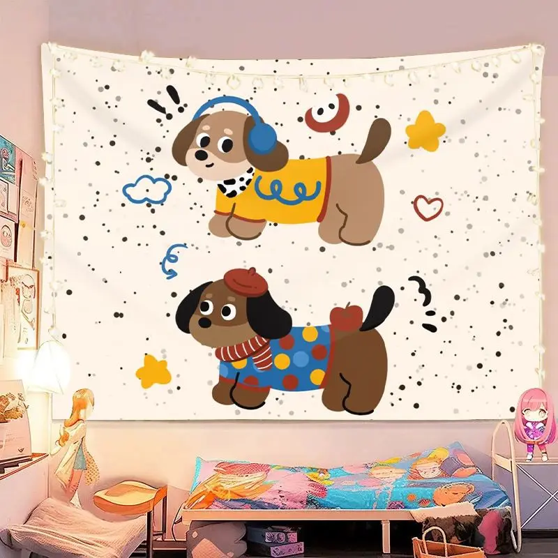 VIKAMA Cute Dachshund Tapestry Dopamine Graffiti Wall Hanging Bedroom Dorm Aesthetic Decor Polyester Pet Backdrop