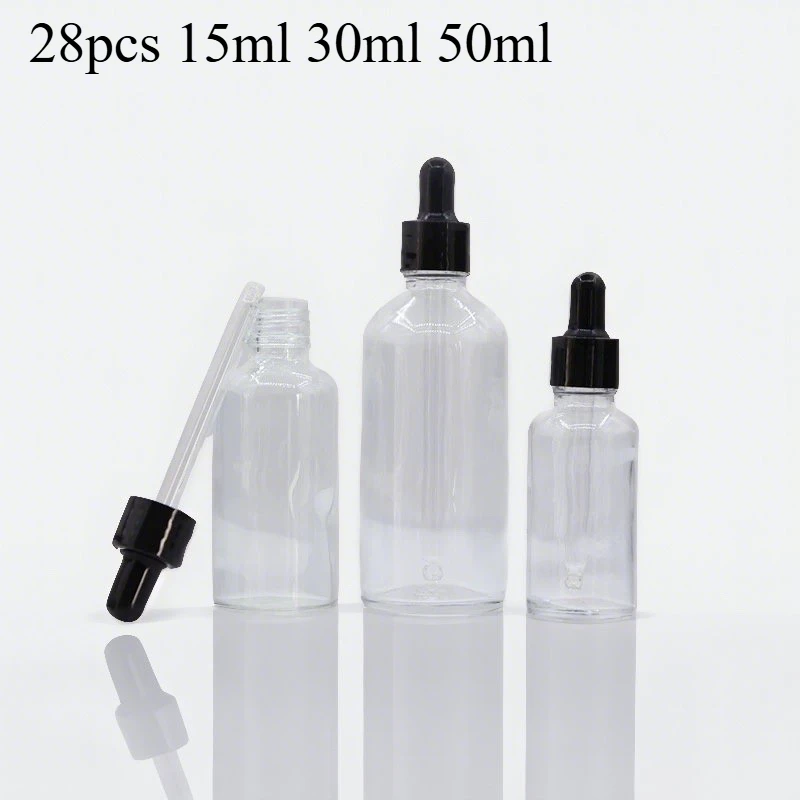 

28PCS 15/30/50ML Clear Essential Oil Glass Dropper for Massage Straw Bottle, Repeatable DIY Filling Sample Container (Black Cap)