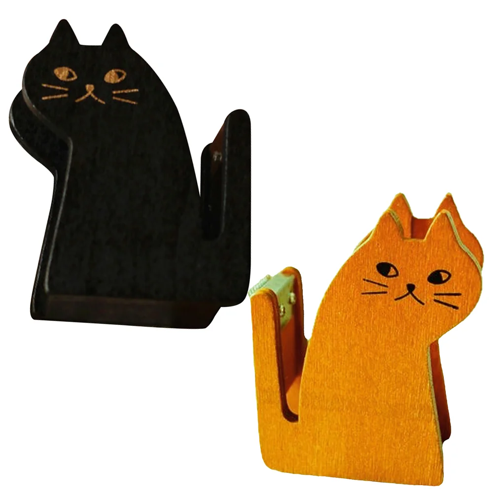 

2 Pcs Cat Tape Holder Cute Dispenser Desktop Shaped Vintage Convenient Adorable Wood Tabletop