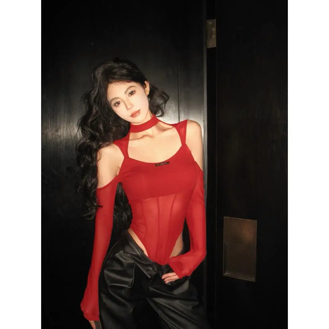 매혹적인 바디수트 긴팔 시스루 바디수트 오프숄더 시스루 바디수트 몸매를 돋보이게 하는 아메리칸 스타일 레오타드