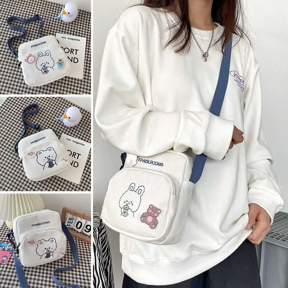 Small Women Canvas Shoulder Bags Korean Cartoon Print Fashion Bear Rabbit Mini Cloth Handbags Phone Crossbody Bag for Cute Girl